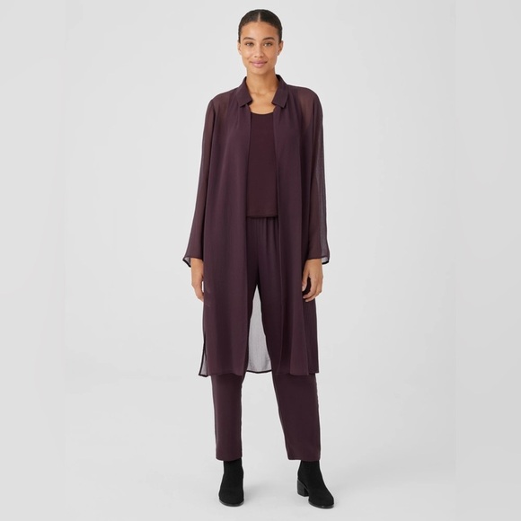 Eileen Fisher Crinkled Sheer Silk Collar Jacket/ Duster in Cassis | Size M - Picture 1 of 7